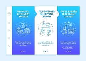 plantilla de vector de incorporación de opciones de ahorro. sitio web móvil receptivo con iconos. Tutorial de la página web Pantallas de 3 pasos. concepto de color de jubilación por cuenta propia y empresarial con ilustraciones lineales