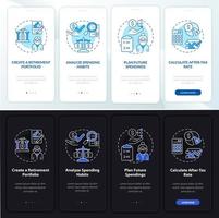 Saving money onboarding mobile app page screen. Analyze spendings walkthrough 4 steps graphic instructions with concepts. UI, UX, GUI vector template with linear night and day mode illustrations