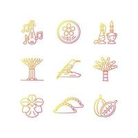 Singapore identity gradient linear vector icons set. Native trees and flowers. Singaporean cuisine. Folk music. Thin line contour symbols bundle. Isolated outline illustrations collection