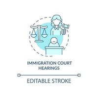 Immigration court hearings blue concept icon. Judicial procedure on immigration cases. Deportation abstract idea thin line illustration. Vector isolated outline color drawing. Editable stroke