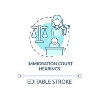 Immigration court hearings blue concept icon. Judicial procedure on immigration cases. Deportation abstract idea thin line illustration. Vector isolated outline color drawing. Editable stroke