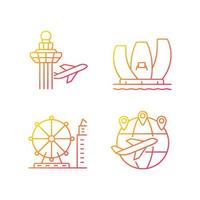 Tourist attractions in Singapore gradient linear vector icons set. Changi airport. Artscience museum. Air control. Thin line contour symbols bundle. Isolated outline illustrations collection