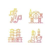 Culture of Singapore gradient linear vector icons set. Pipa musical instrument. Offshore drilling. Tooth relic temple. Thin line contour symbols bundle. Isolated outline illustrations collection