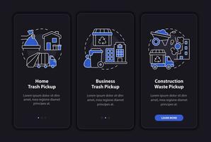 Waste collection and pickup dark onboarding mobile app page screen. Walkthrough 3 steps graphic instructions with concepts. UI, UX, GUI vector template with linear night mode illustrations