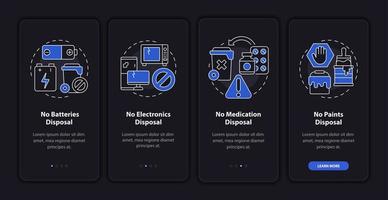 Not accepted rubbish dark onboarding mobile app page screen. Walkthrough 4 steps graphic instructions with concepts. UI, UX, GUI vector template with linear night mode illustrations