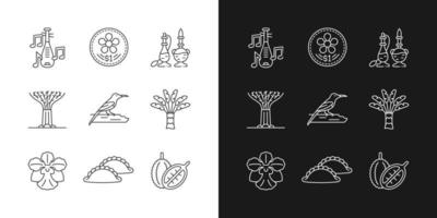 Singapore identity linear icons set for dark and light mode. Native trees and flowers. Singaporean cuisine. Customizable thin line symbols. Isolated vector outline illustrations. Editable stroke