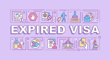 Banner de conceptos de palabra de visa vencida. expulsión oficial del país. infografías con iconos lineales sobre fondo morado. tipografía creativa aislada. ilustración de color de contorno vectorial con texto vector