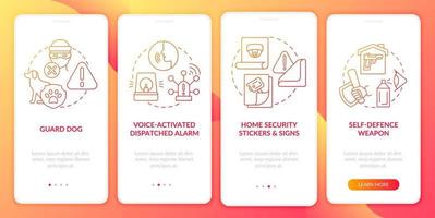 Burglary prevention red gradient onboarding mobile app page screen. Security system walkthrough 4 steps graphic instructions with concepts. UI, UX, GUI vector template with linear color illustrations