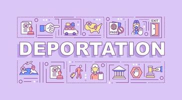 Bandera de conceptos de palabra de deportación. expulsión oficial del país. infografías con iconos lineales sobre fondo morado. tipografía creativa aislada. ilustración de color de contorno vectorial con texto vector