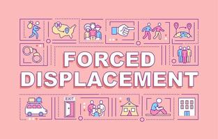 Forced displacement word concepts banner. Human right violation. Infographics with linear icons on pink background. Isolated creative typography. Vector outline color illustration with text