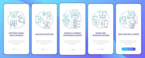 pantalla de la página de la aplicación móvil de incorporación de gradiente azul de seguridad para el hogar. Tutorial de detectores Instrucciones gráficas de 5 pasos con conceptos. ui, ux, plantilla de vector de interfaz gráfica de usuario con ilustraciones en color lineal