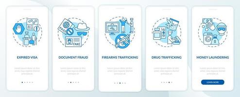 Reasons for deportation blue onboarding mobile app page screen. Legislation walkthrough 5 steps graphic instructions with concepts. UI, UX, GUI vector template with linear color illustrations