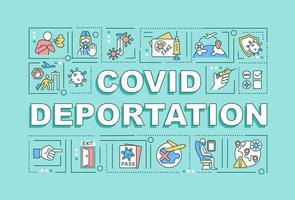 banner de conceptos de palabra de deportación de covid. pandemia global. infografías con iconos lineales sobre fondo verde. tipografía creativa aislada. ilustración de color de contorno vectorial con texto vector