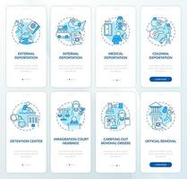 Deportation blue onboarding mobile app page screen set. Official processing walkthrough 4 steps graphic instructions with concepts. UI, UX, GUI vector template with linear color illustrations