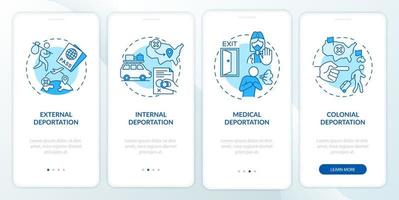 Deportation types blue onboarding mobile app page screen. Immigration problems walkthrough 4 steps graphic instructions with concepts. UI, UX, GUI vector template with linear color illustrations