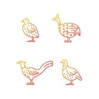 Landfowl gradient linear vector icons set. Japanese quail. Pheasant family. Guinea fowl. Commercial poultry farming. Thin line contour symbols bundle. Isolated outline illustrations collection