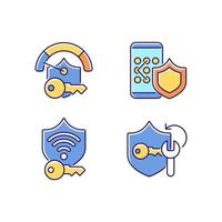 System password RGB color icons set. Smartphone lock. Wifi protection. System security. Cracker app for password management. Isolated vector illustrations. Simple filled line drawings collection