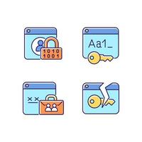 Password encryption RGB color icons set. Internet safety. Corporate system security. Data protection. Password management. Isolated vector illustrations. Simple filled line drawings collection