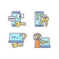 Password protection RGB color icons set. Social media safety. Phone lock. Shoulder surfing. Online privacy management. Isolated vector illustrations. Simple filled line drawings collection