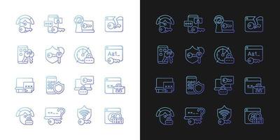 Password management gradient icons set for dark and light mode. Smartphone and computer safeguard. Thin line contour symbols bundle. Isolated vector outline illustrations collection on black and white