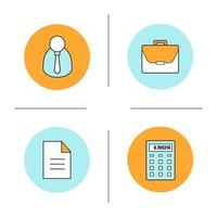 Business color icons set. Businessman, briefcase, official document, calculator. Isolated vector illustrations