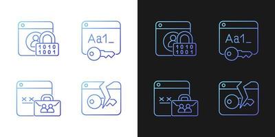 Password encryption gradient icons set for dark and light mode. Internet safety. System security. Thin line contour symbols bundle. Isolated vector outline illustrations collection on black and white