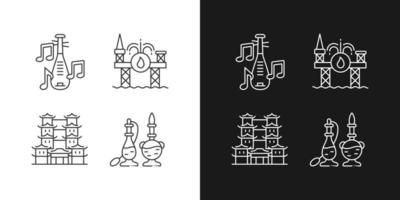 Culture of Singapore linear icons set for dark and light mode. Pipa musical instrument. Offshore drilling. Customizable thin line symbols. Isolated vector outline illustrations. Editable stroke