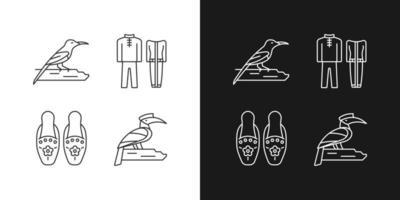 iconos lineales de especies de aves de Singapur establecidos para el modo oscuro y claro. traje tradicional de singapur. pájaro tropical. símbolos de línea fina personalizables. ilustraciones de contorno de vector aislado. trazo editable