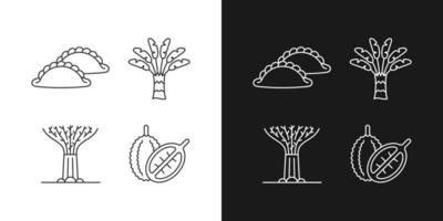 plantas en singapur iconos lineales establecidos para el modo oscuro y claro. palma de viajero. hojaldre de curry. cocina singapurense. símbolos de línea fina personalizables. ilustraciones de contorno de vector aislado. trazo editable