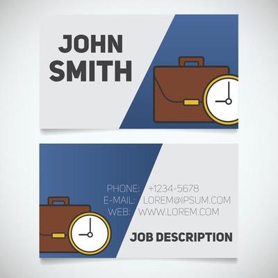 Business card print template with briefcase and clock logo. Easy edit. Manager. Work management. Businessman. Stationery design concept. Vector illustration
