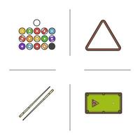 Billiard color icons set. Balls, ball rack, cues, table. Cuesports accessories. Pool equipment. Isolated vector illustrations