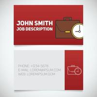 Business card print template with briefcase and clock logo. Easy edit. Manager. Work management. Businessman. Stationery design concept. Vector illustration