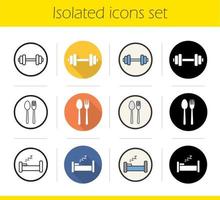 conjunto de iconos de estilo de vida saludable. diseño plano, estilos lineales, negros y de color. pesas rusas, tenedor y cuchara, cama. símbolos de fitness, restaurante y sueño. ilustraciones vectoriales aisladas vector