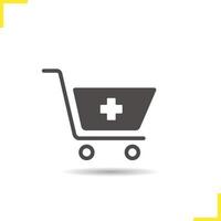 Shopping cart with medical cross icon. Drop shadow drugstore silhouette symbol. Pharmacy. Medicine. Negative space. Vector isolated illustration