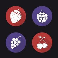 Berries flat design long shadow icons set. Strawberry, raspberry, bunch of grapes, two cherries. Vector symbols