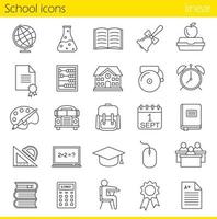 School linear icons set. Class register, calculator, pupils, school bus, bell and building. Open textbook, computer mouse, abacus, rulers, backpack, calendar. Thin line. Isolated vector illustrations