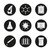 conjunto de iconos de laboratorio de ciencia. microscopio, estructura molecular, lista de verificación de pruebas, vaso de precipitados con líquido, virus, computadora de laboratorio, pipeta, tubos de ensayo y frasco. vector ilustraciones blancas en círculos negros