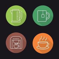 Tea and coffee flat linear long shadow icons set. Electric kettle, coffee machine and steaming cup on plate with teabag symbols. Outline logo concepts. Vector line art illustrations