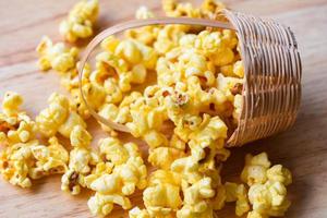 Homemade Corn Popcorn in basket, Heap of delicious popcorn sweet photo