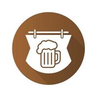 Wooden bar sign flat design long shadow icon. Pub signboard. Foamy beer glass. Vector silhouette symbol