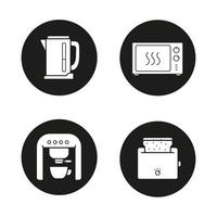 Kitchen appliances icons set. Electric kettle, microwave oven, espresso coffee machine, toaster. Vector white illustrations in black circles
