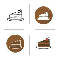 Chocolate cake on plate icon. Flat design, linear and color styles. Isolated vector illustrations