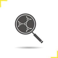 Substance molecular structure analysis icon. Drop shadow business silhouette symbol. Segment interaction. Magnifying glass. Negative space. Vector isolated illustration