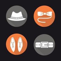 Conjunto de iconos de larga sombra de diseño plano de accesorios para hombres. sombrero de Homburg, pajarita de mariposa, zapatos clásicos de piel y cinturón. símbolos vectoriales vector