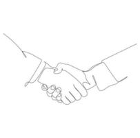 Continuous single line drawing of businessmen handshake to make a deal. Handshaking of business partners drawn by one single line. Vector illustration.