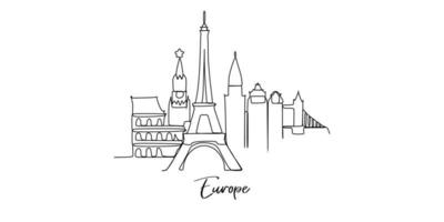 Europe landmarks skyline - continuous one line drawing vector