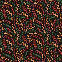 Abstract seamless pattern with random hand drawn scribbles doodle lines in traditional African colors - red, yellow, green on black background. backdrop for Kwanzaa, Black History Month, Juneteenth