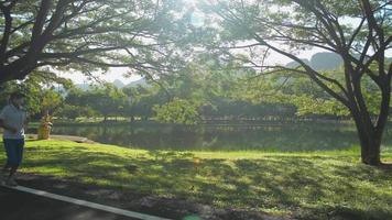 Woman in sportswear with face mask jogging along the path in public park. video