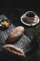 baguette on blue wood table photo