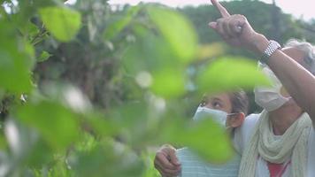 senior man står med sitt barnbarn bär ansiktsmasker och observerar växter video